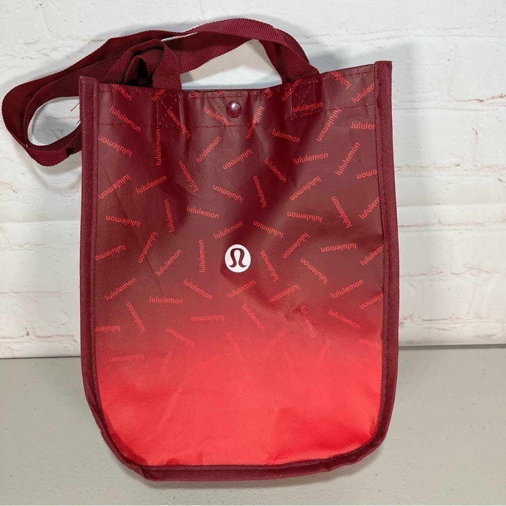 Lululemon Reusable Tote Shopping Bag Maroon All Over Print Logo 11x9x4